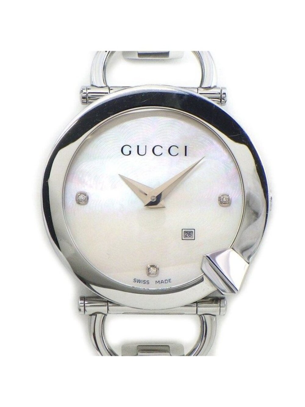 Gucci Watch Kiodo 122.5 Horsebit 3 Point Diamond Index White Shell Dial Date SS